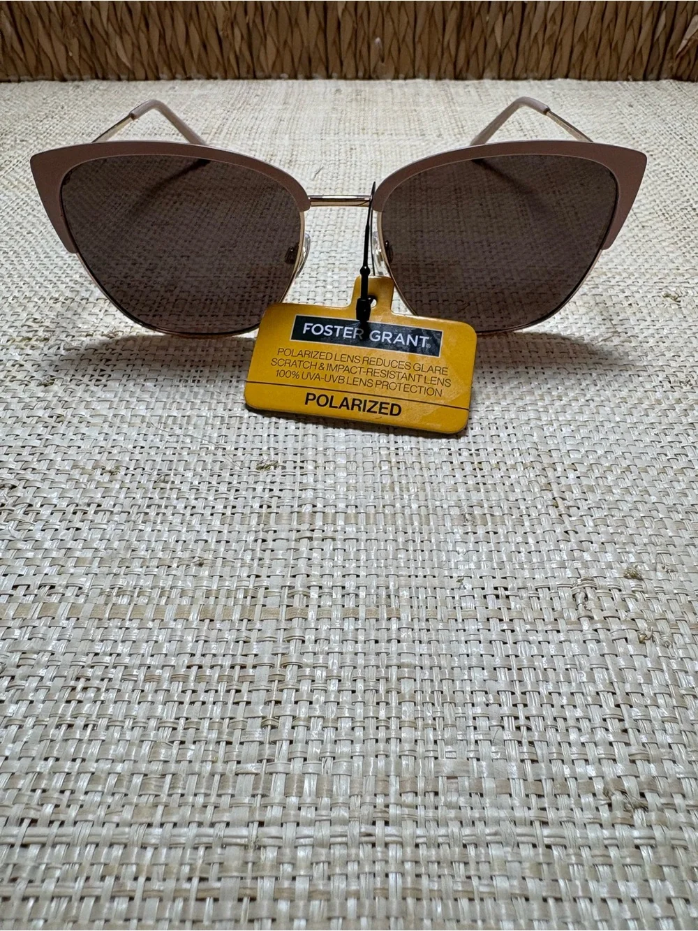 NWT Foster Grant Polarized Cat Eye Sunglasses Taupe Brown Gold Oversized